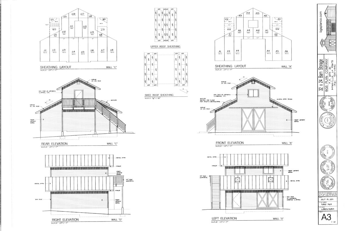 Finish Elevations. <br>Wall and Roof Sheathing Layouts.