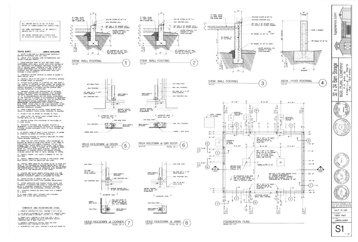Foundation Plan - Each Anchor Bolt/ Holdown Dimensioned. <br>Footing and Holdown Details.
